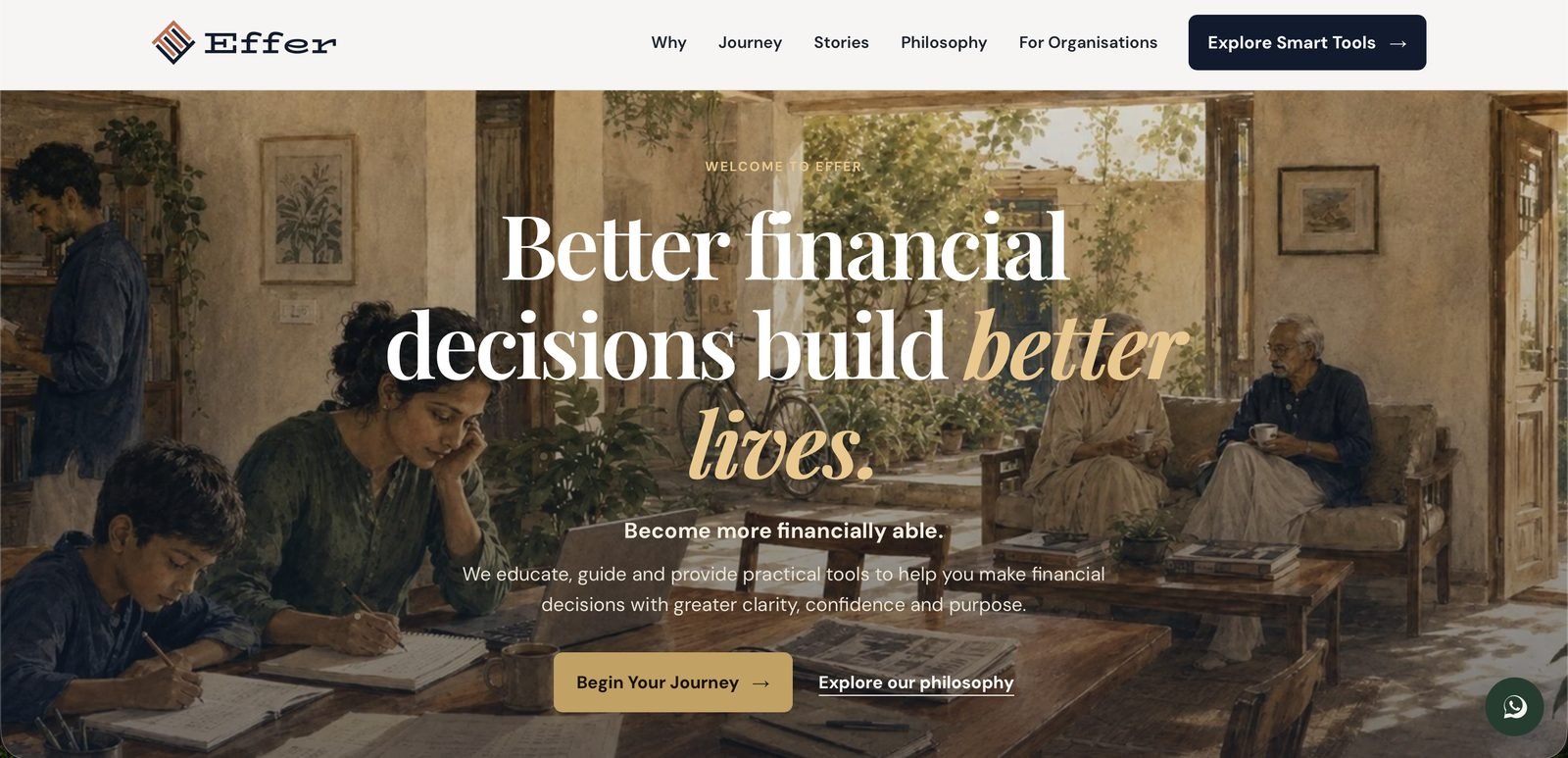 Effer website — warm illustrated homepage reading 'Better financial decisions build better lives'