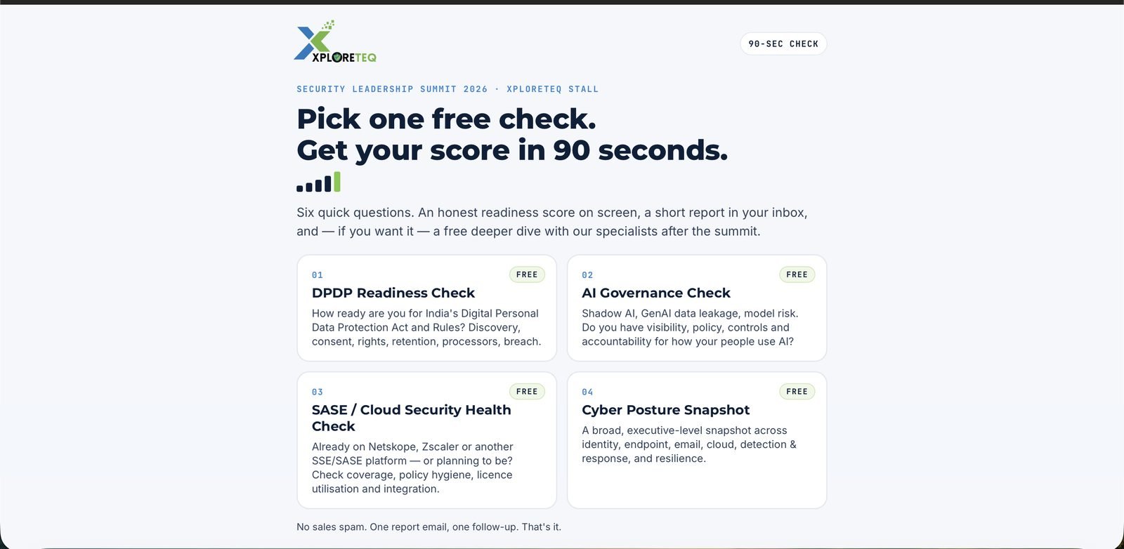 Xploreteq Quick Check — a lead-generation instrument offering four free 90-second security readiness checks