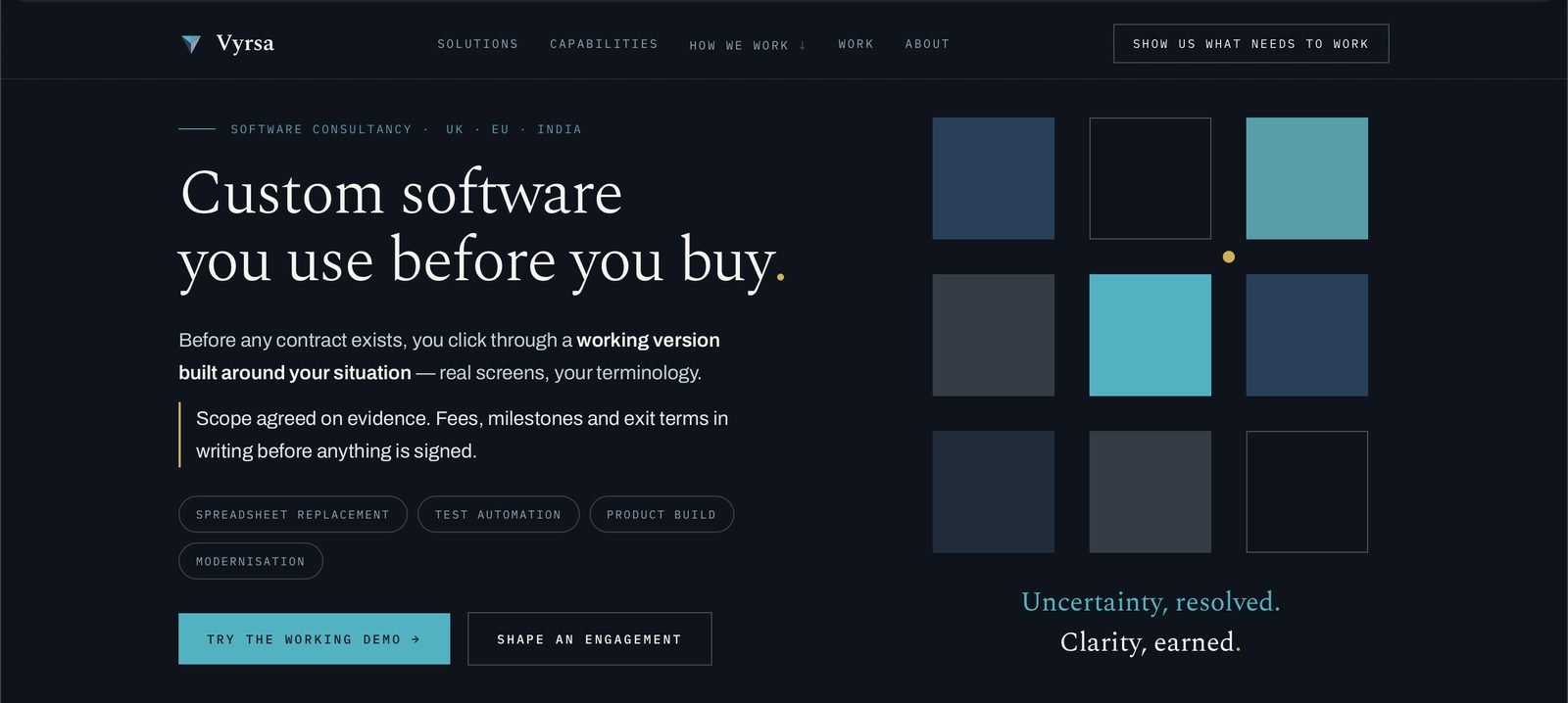 Vyrsa Logic website — dark editorial homepage reading 'Custom software you use before you buy'