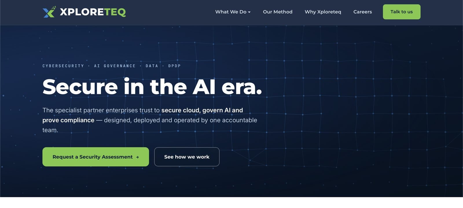 Xploreteq website — navy homepage reading 'Secure in the AI era'